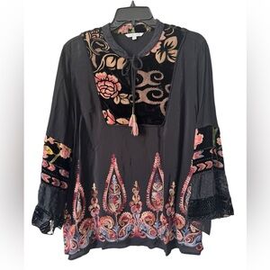John.Mark black bohemian embroidered/ velvet bell sleeve blouse large